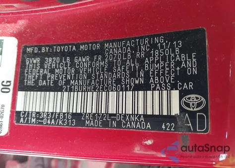 2014 Toyota Corolla Le z USA, uszkodzony, nr VIN 2T1BURHE2EC060117